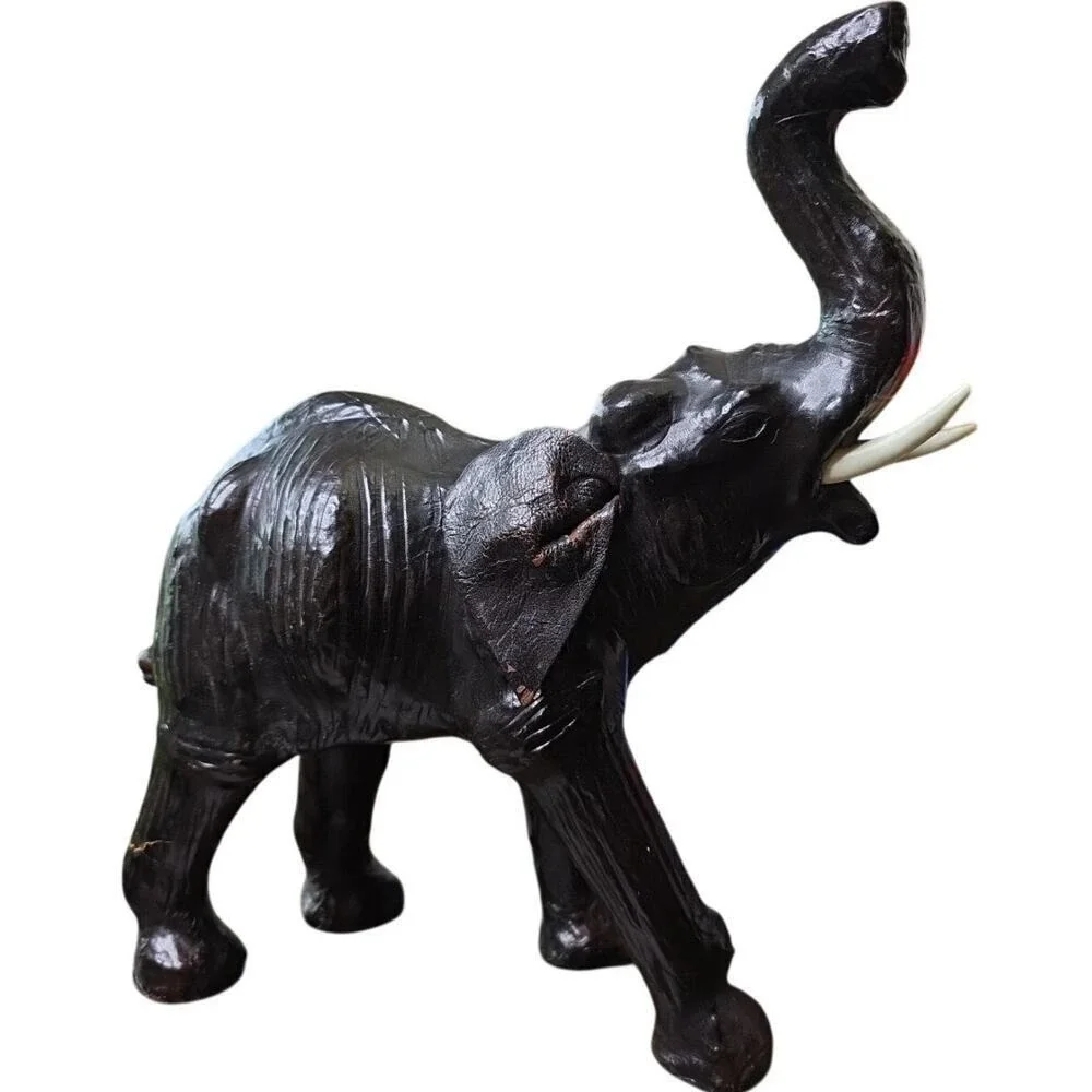 Large Brown Leather Covered Paper Mache African Elephant‎ Sculpture E2
